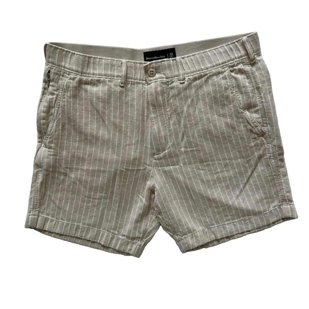 Abercrombie & Fitch Men's 32 Striped Linen Blend Plainfront Shorts Beige Cream